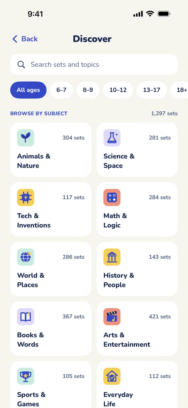 The app’s Discover screen: a search field, age filters, and subjects such as Animals & Nature and Science & Space.
