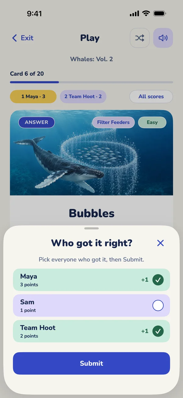 A multiplayer round in the app. Over the answer, a sheet asks Who got it right? Maya and Team Hoot are picked, with Submit below to give each a point.